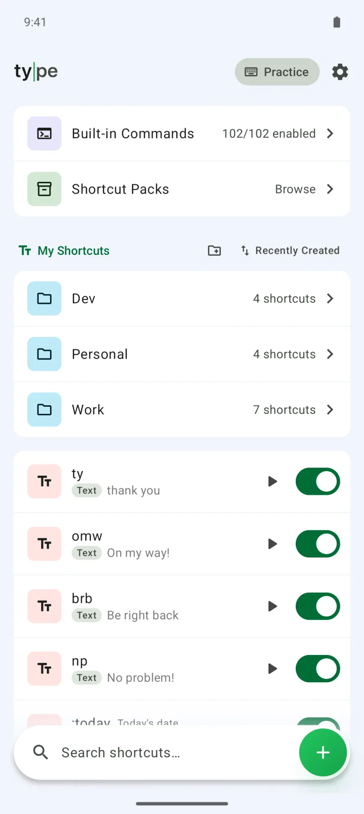 The Type home screen, with folders and a list of shortcuts.